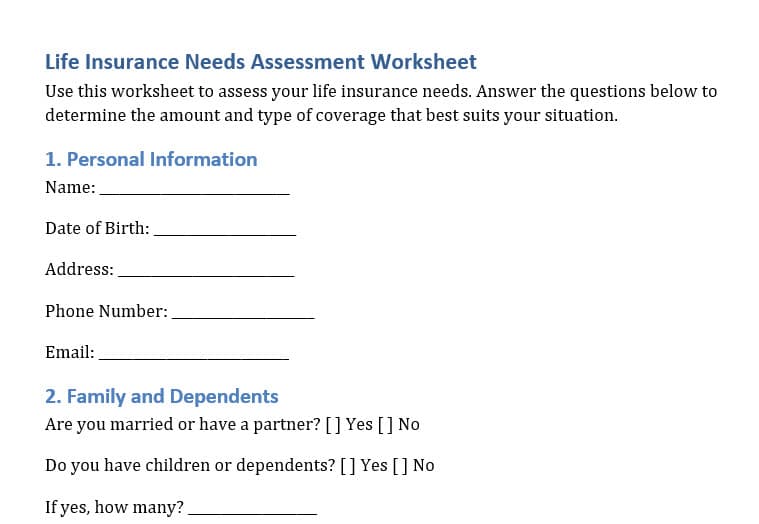 Life Insurance Needs Assessment Worksheet [Free]